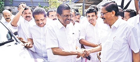 Kerala Congress(Joseph) chairman P J Joseph and other leaders arriving for the party high-powered committee meeting in Kottayam on Saturday 