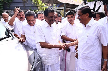 Kerala Congress (Joseph) chairman P J Joseph and other leaders arriving for the party high-power committee meeting in Kottayam on Saturday
