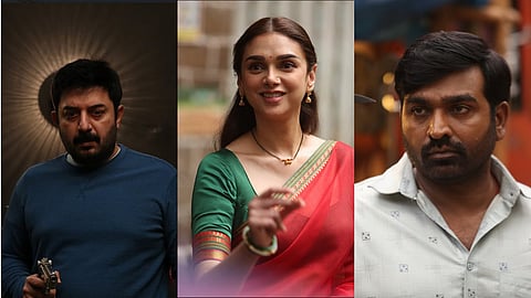 Arvind Swamy, Aditi Rao Hydari, and Vijay Sethupathi in Gandhi Talks