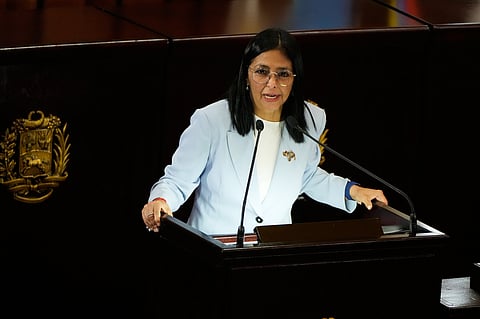 Venezuelan acting President Delcy Rodriguez speaks during a ceremony marking the opening of the new judicial year at the Supreme Tribunal of Justice in Caracas, Venezuela, Friday, Jan. 30, 2026.