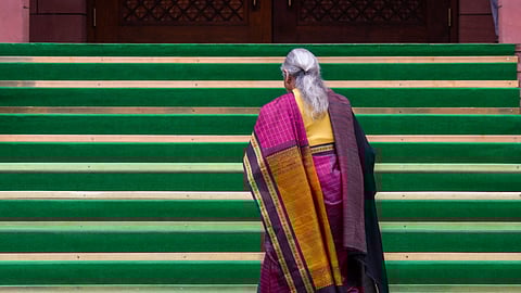  Finance Minister Nirmala Sitharaman arrives at the Parliament premises before the presentation of the Union Budget 2026-27, in New Delhi, Sunday, Feb. 1, 2026. 