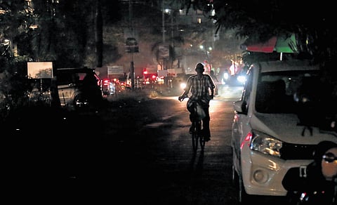 Damaged streetlight leaves a stretch of the Kaloor Stadium link road, posing a risk to motorists and pedestrians during night hours in the city on Sunday.