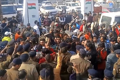 Bajrang Dal activists protest Baba Garments, a 30-year-old shop run by a Muslim, in
Kotdwar, Uttarakhand, demanding its renaming.