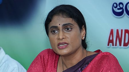 APCC president YS Sharmila addressing the media during the press conference.