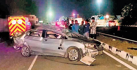 The driver lost control of the car, which then crossed the median and collided with a private bus, in the wee hours of Sunday