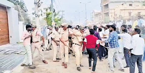 Tension prevailed at Ibrahimpatnam when TDP supporters allegedly attacked to attack the residence of YSRCP leader Jogi Ramesh 