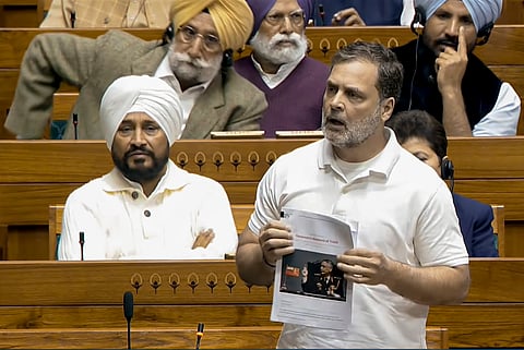  Leader of Opposition in the Lok Sabha Rahul Gandhi speaks in the House during the Budget session of Parliament, in New Delhi, Monday, Feb. 2, 2026.