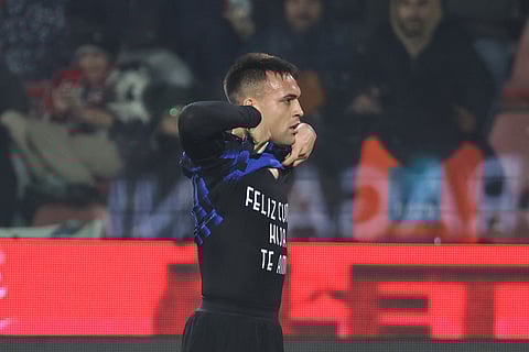 Inter's Lautaro Martinez celebrates after scoring the opening goal during the Serie A soccer match between Cremonese and Inter in Cremona, Italy, Sunday, Feb. 2026.