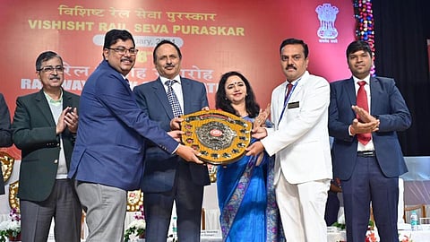 Divisional Railway Manager Saurabh Prasad receiving the ‘Best Clean Railway station Shield’ for Srikakulam Railway station at the 68th Railway Week Awards function, held in Bhubaneswar on Wednesday. 