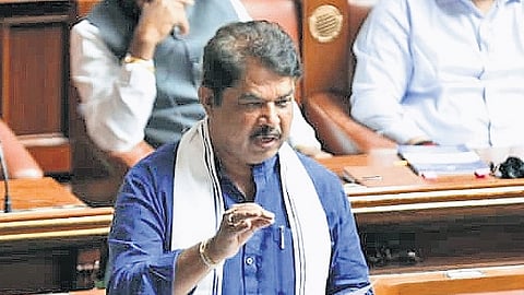 LoP and BJP MLA R Ashoka makes a point in the Legislative Assembly.