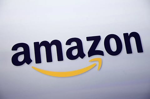 The Amazon logo is displayed at a news conference in New York on Sept 28, 2011