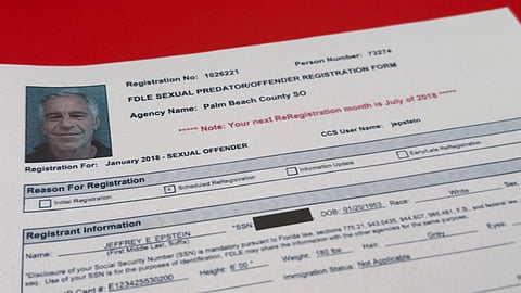 A document that was included in the US Department of Justice release of the Jeffrey Epstein files, photographed Monday, Feb. 2, 2026, shows Epstein's Florida sexual predator/offender registration form for July 2018. 