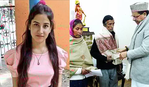 Ankita Bhandari(L) and Chief Minister Pushkar Singh Dhami meeting Ankita's parents at the Chief Minister's Office(R).