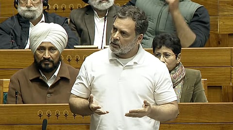 Leader of Opposition Rahul Gandhi speaks during the Motion of Thanks in the Lok Sabha on Tuesday, February 3, 2026.