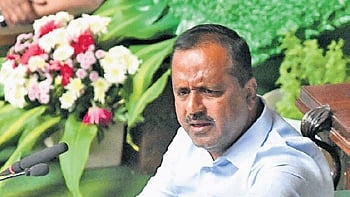 Speaker UT Khader makes a point in the Assembly on Tuesday