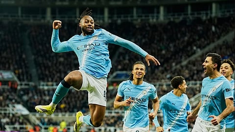 Manchester City's Antoine Semenyo, left, celebrates a goal during the English League Cup semifinal first leg soccer match between Newcastle and Manchester City in Newcastle, England, Tuesday, Jan. 13, 2026.
