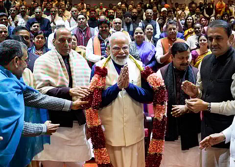 Prime Minister Narendra Modi, Defence Minister Rajnath Singh, BJP National President Nitin Nabin and others during the NDA Parliamentary Party meeting, at Parliament premises in New Delhi, Tuesday, Feb. 3, 2026. 