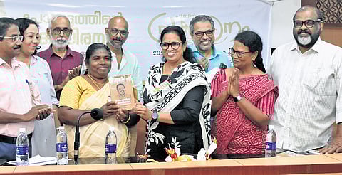 MLA K K Rema releasing the book ‘Porattathinte Kadalirambam’ at the Thiruvananthapuram Press Club on Tuesday. CMP leader C P John is also seen