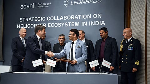 Adani Defence & Aerospace and Leonardo Helicopters sign a Memorandum of Understanding (MoU) in the presence of Director of Adani Defence and Aerospace Jeet Adani, Defence Secretary Rajesh Kumar Singh and others at an event. 