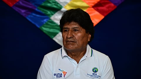 Bolivia's former president (2006-2019) Evo Morales gestures during a meeting before voting in the presidential runoff election in Villa 14 de Septiembre, Chapare region, Cochabamba department, Bolivia, on October 19, 2025.