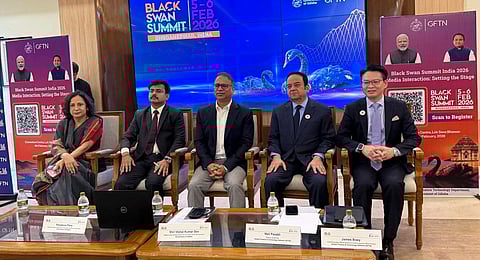 Additional chief secretary of Electronics and IT Vishal Kumar Dev (middle) briefing mediapersons in Bhubaneswar on Wednesday.