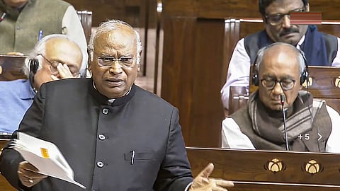 Congress President Mallikarjun Kharge speaks in the Rajya Sabha during the Budget session of Parliament, in New Delhi, Wednesday, Feb. 4, 2026.