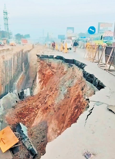 The stretch on the main carriageway on National Highway-44 caved in at an overpass construction site due to heavy vehicular movement.