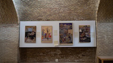 This picture taken on January 7, 2026 shows miniature art by painter Kamal ud-Din Behzad displayed at the Citadel of Alexander, also locally known as Qala Iktyaruddin in Herat.