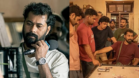 Vijesh Panathur (L), A working still from the sets of Prakambanam (R)