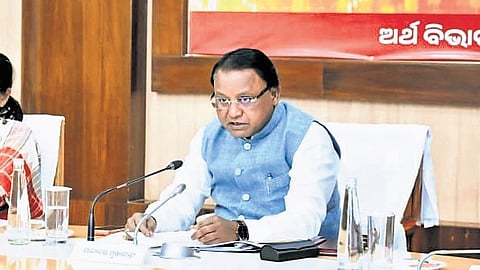 CM Majhi addressing the pre-budget consultation meeting on Thursday. Also seen are deputy CM Pravati Parida and chief secretary Anu Garg.