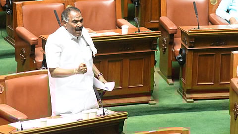 Congress MLA Shivalingegowda addressing Assembly Session at Vidhana Soudha, in Bengaluru on Wednesday.
