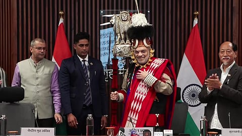 Union Home Minister Amit Shah dressed up in a traditional Naga outfit ahead of the signing of an agreement between the Union Government, the Nagaland Government, and the Eastern Nagaland Peoples' Organisation (ENPO).