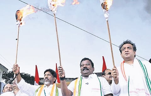 Deputy Chief Minister Mallu Bhatti Vikramarka, along with Tamil Nadu Congress leaders, take part in a public meeting in Chennai on Thursday evening