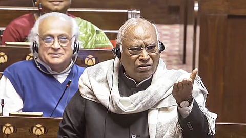 Leader of the Opposition in Rajya Sabha Mallikarjun Kharge speaks in the House during the Budget session of Parliament, in New Delhi, Thursday, Feb. 5, 2026