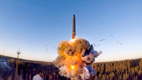 This photo, taken from a video distributed on Dec. 9, 2020, by the Russian Defense Ministry Press Service, shows a rocket launch as part of a ground-based intercontinental ballistic missile test at the Plesetsk facility in northwestern Russia.