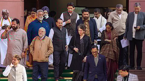 Congress MPs Priyanka Gandhi Vadra, Imran Masood, Independent MP Rajesh Ranjan alias Pappu Yadav and others during the Budget Session of Parliament, in New Delhi, Thursday, Feb. 5, 2026. 