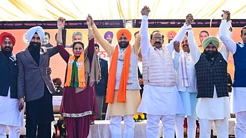 Haryana Chief Minister Nayab Singh Saini and other BJP leaders at gathering in  Panjola-Sanaur (Patiala), Punjab.