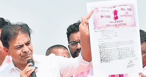 BRS working president KT Rama Rao speaks during a street corner meeting In Thippapur on Friday