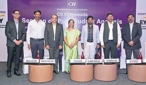 CII Vijayawada Zone Chairperson V Nagalakshmi highlights the Budget provision at the Post Budget Analysis Session in Vijayawada on Thursday