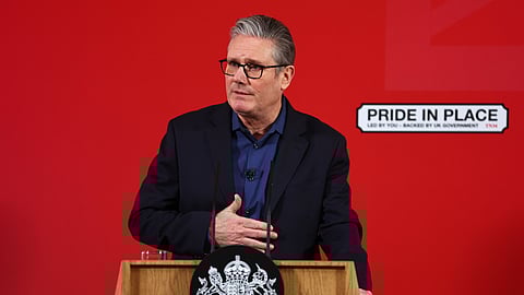 Britain's Prime Minister Keir Starmer delivers a speech at Horntye Park Sports Complex in St Leonards-on-Sea, East Sussex, England, Thursday, Feb. 5, 2026.