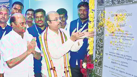 MLC Dr Yathindra Siddaramaiah offers tributes to a replica of the Preamble of the Indian Constitution in Mysuru on Friday.