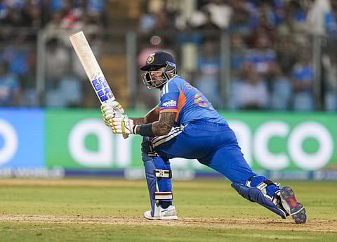 India's captain Suryakumar Yadav plays a shot during the ICC Men's T20 World Cup 2026 cricket match between India and USA, at the Wankhede Stadium, in Mumbai.