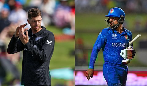 New Zealand captain Mitchell Santner (L) and his Afghanistan counterpart  Rashid Khan.