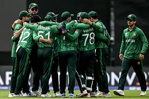 Pakistan team in a huddle before their match on Saturday