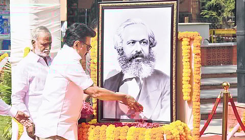 Chief Minister MK Stalin paying tributes to Karl Marx in Chennai on Friday.