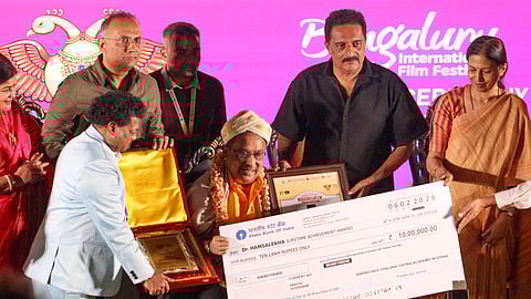 Singer and Composer Hamsalekha honored with the Lifetime Achievement Award during the Closing Ceremony of the 17th International Film Festival in Bengaluru on Friday.