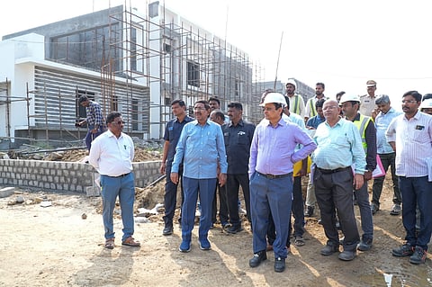 MA&US minister P Narayana inspects works in Amaravati on Friday.