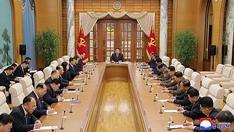 North Korean leader Kim Jong Un, center, attends a meeting at the headquarters of the central committee of the ruling Workers' Party of Korea in Pyongyang, North Korea, Saturday, Feb. 7, 2026. 