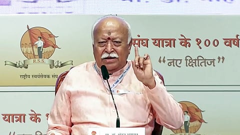 RSS Chief Mohan Bhagwat speaks on Swadeshi during the RSS centenary event in Mumbai on Saturday.