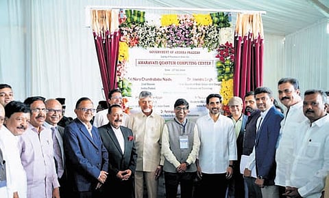 CM Nara Chandrababu Naidu & Union Minister Jitendra Singh, flanked by other dignitaries, at the stone-laying ceremony of Amaravati Quantum Valley.